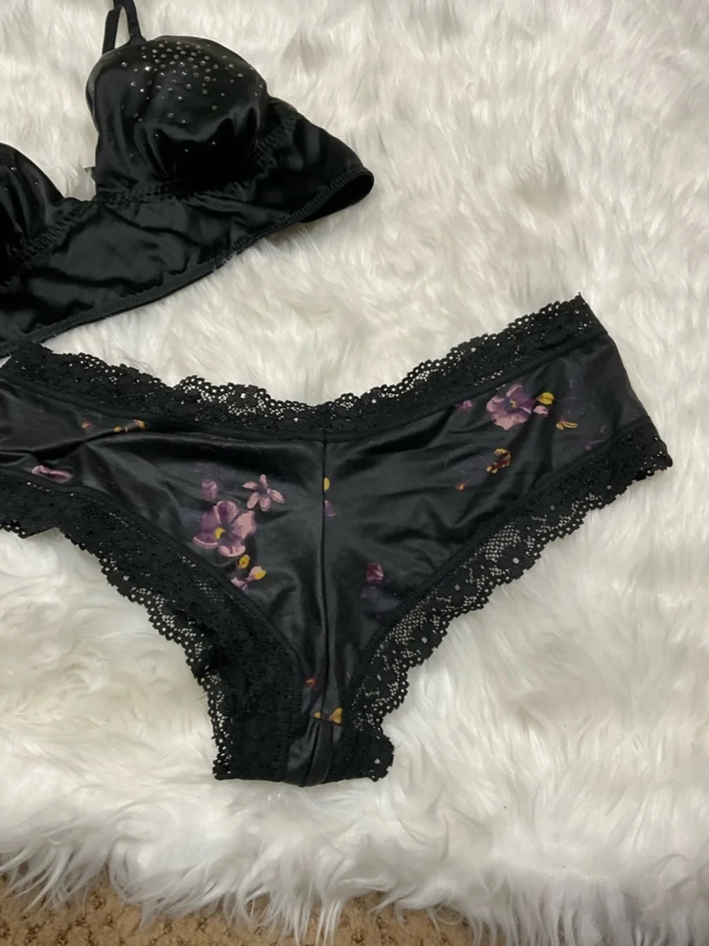 Very Sexy Victorias Secret Black  Satin Bralette and Lace Set